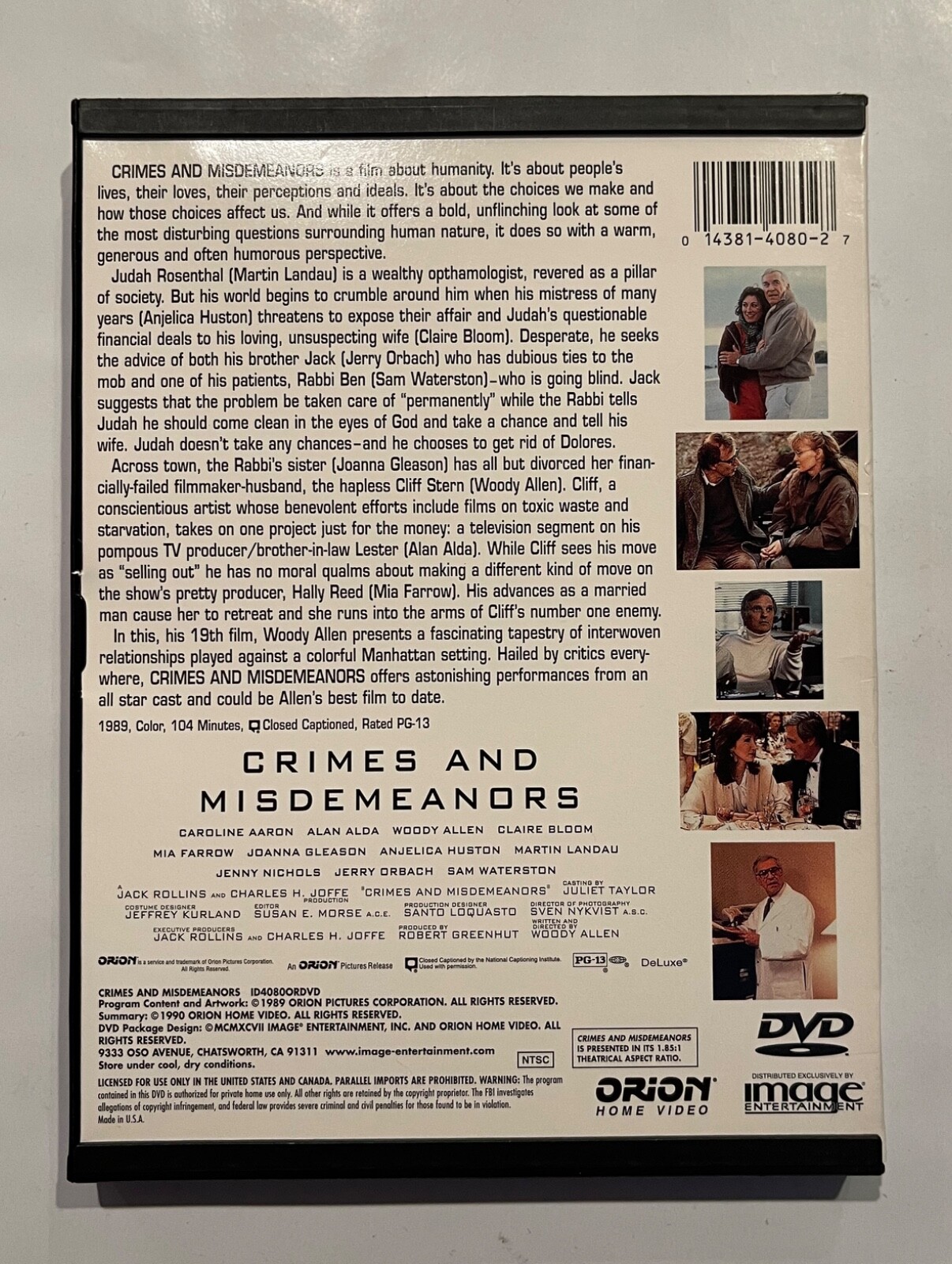 Crimes and Misdemeanors DVD, Snapcase, Woody Allen, Alan Alda, Jerry Orbach