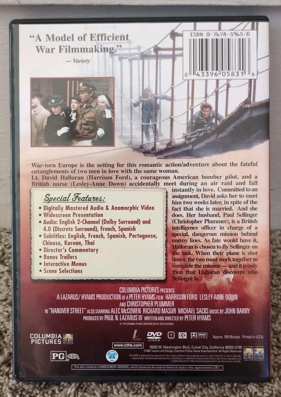 Hanover Street (DVD, 2001) Harrison Ford-Like New-FREE SHIP