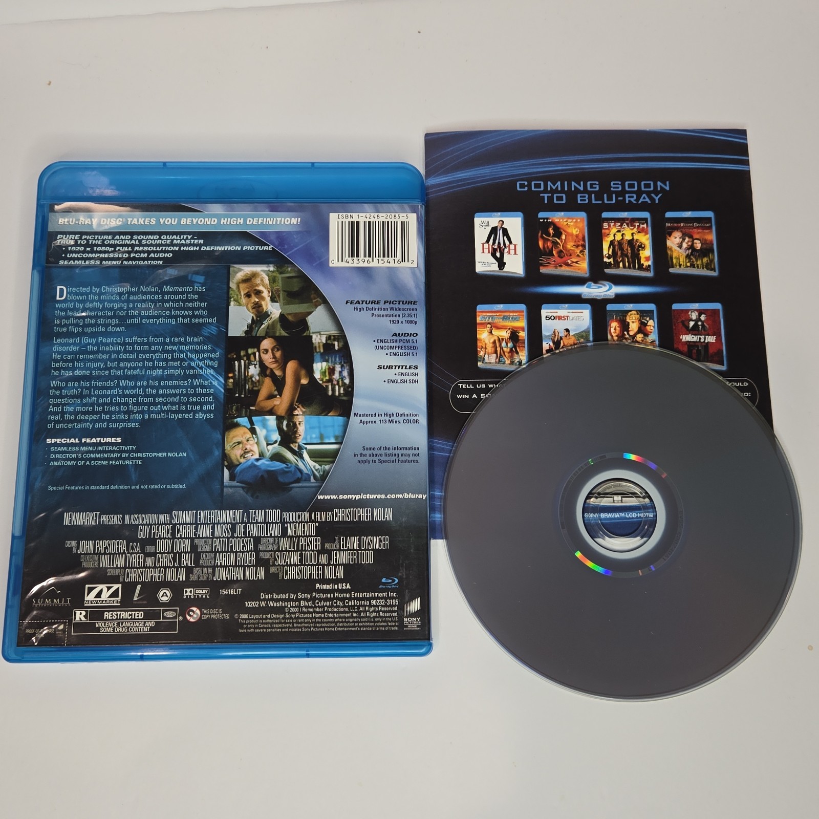 2006 Memento Blu-Ray Disc Guy Pearce Carrie-Anne Moss Joe Pantoliano