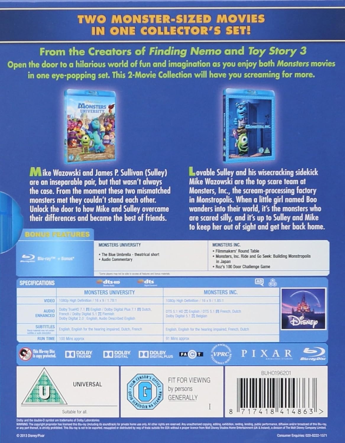 Monsters, Inc. (2001) & Monsters University (2013) 2 Movie Blu-Ray Box Set NEW