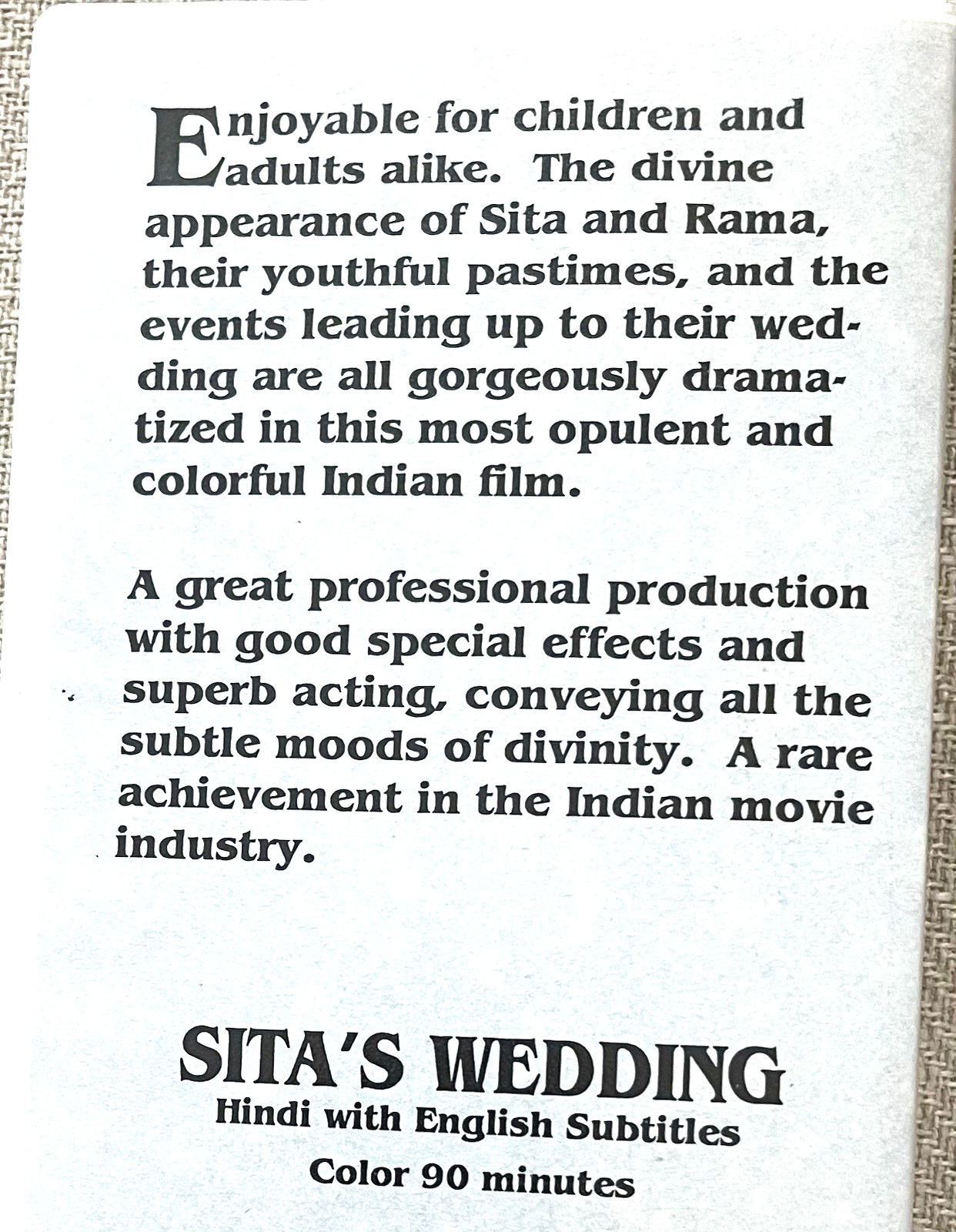 SITA SWAYAMVAR 1976 Color VHS Classic Hindi Movie English Subtitled Jaya Prada