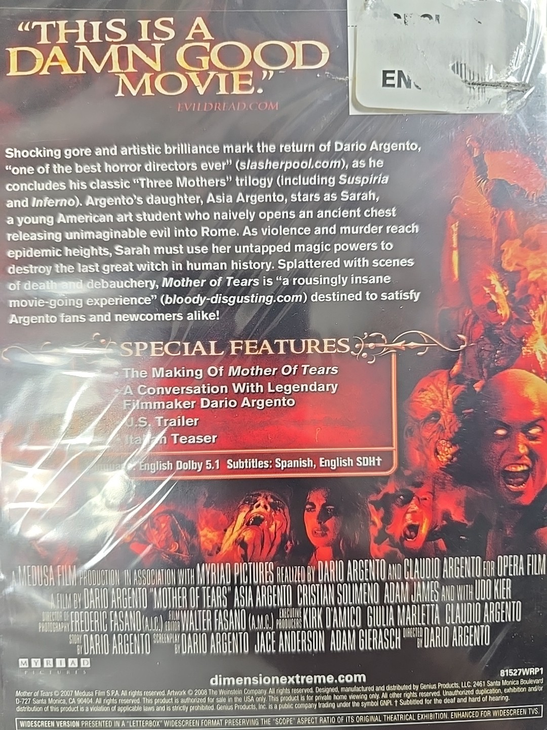 Mother of Tears (DVD, 2007) Dario Argento! Unrated Extras Brand New Sealed