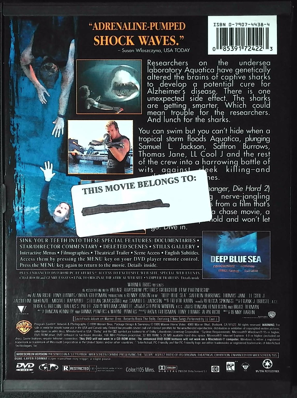 Deep Blue Sea DVD 1999 Thomas Jane LL Cool J Samuel L. Jackson Renny Harlin