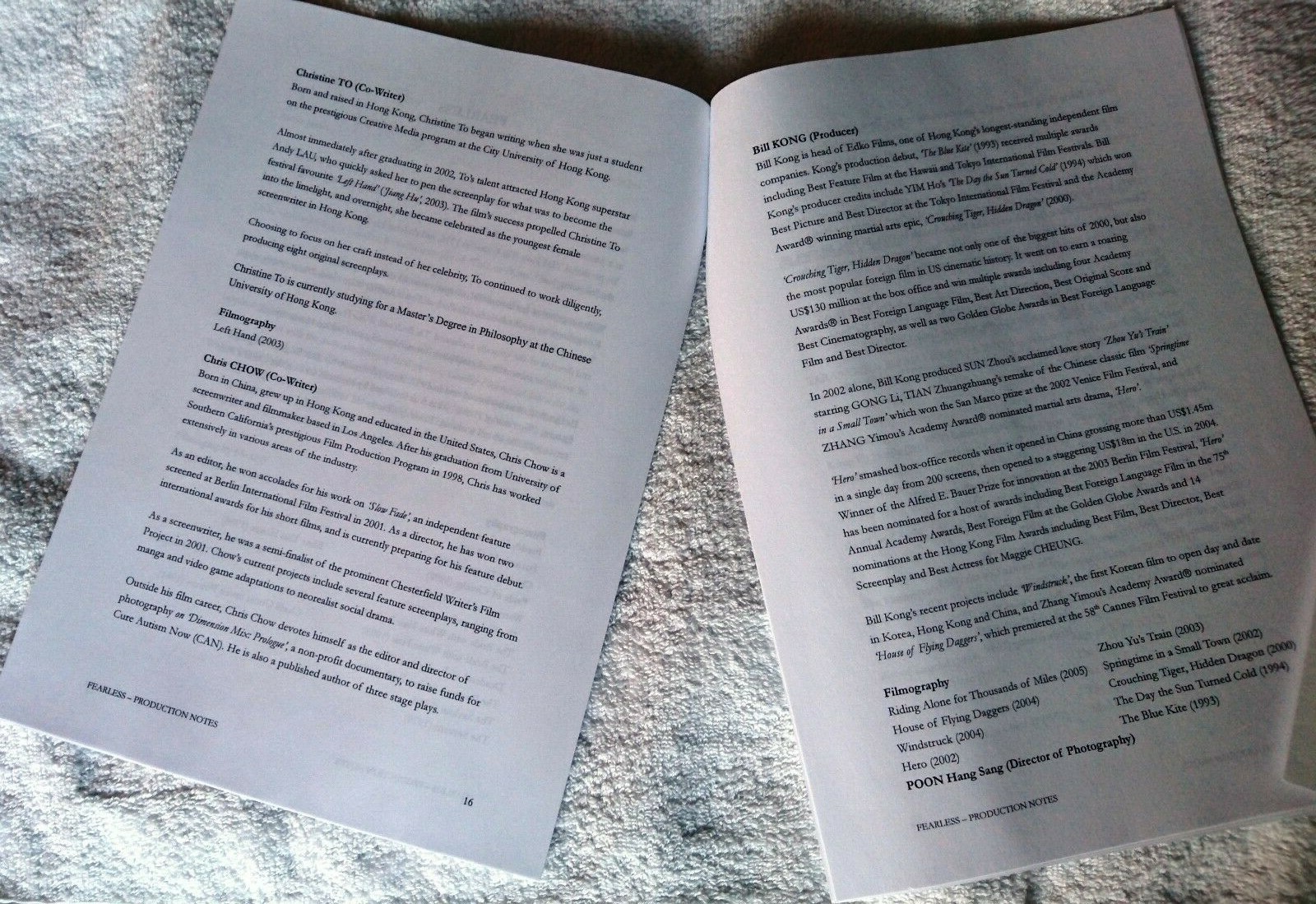 Jet Li’s Fearless Premier Press Pack Media Kit Production Notes