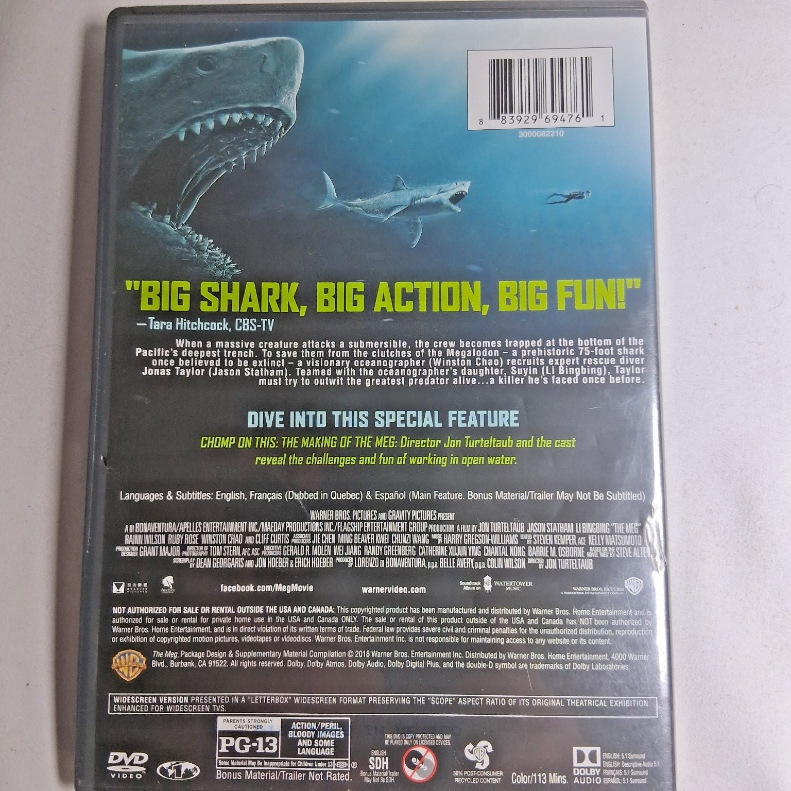 THE MEG DVD 2018 Jason Statham Jon Turteltaub Big Shark Action Thriller PG-13
