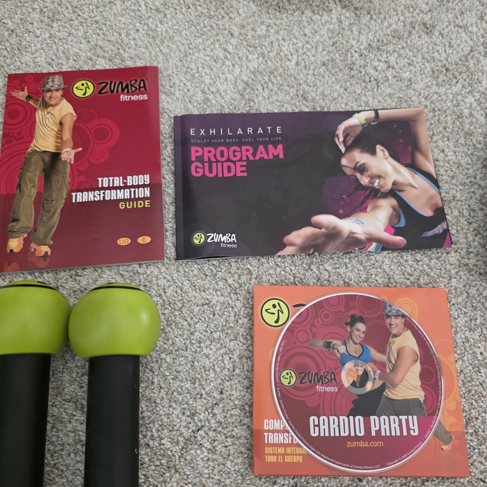 ZUMBA Fitness DVD Lot Set Exhilarate/Cardio w/ Toning Sticks Shakers Weights