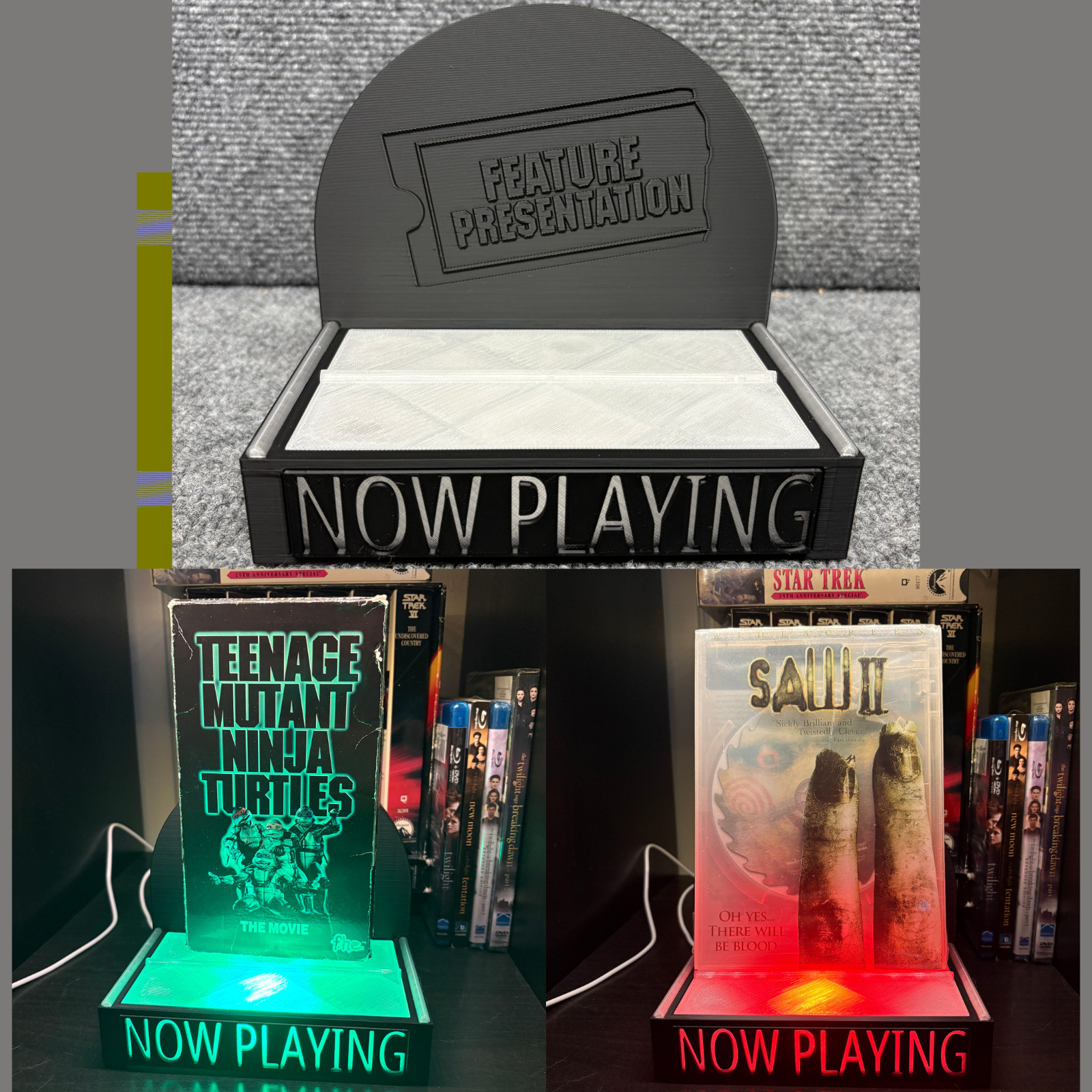 Now Playing VHS DVD Blu-ray 4K Display Light Up Stand RGB Remote Retro Theater
