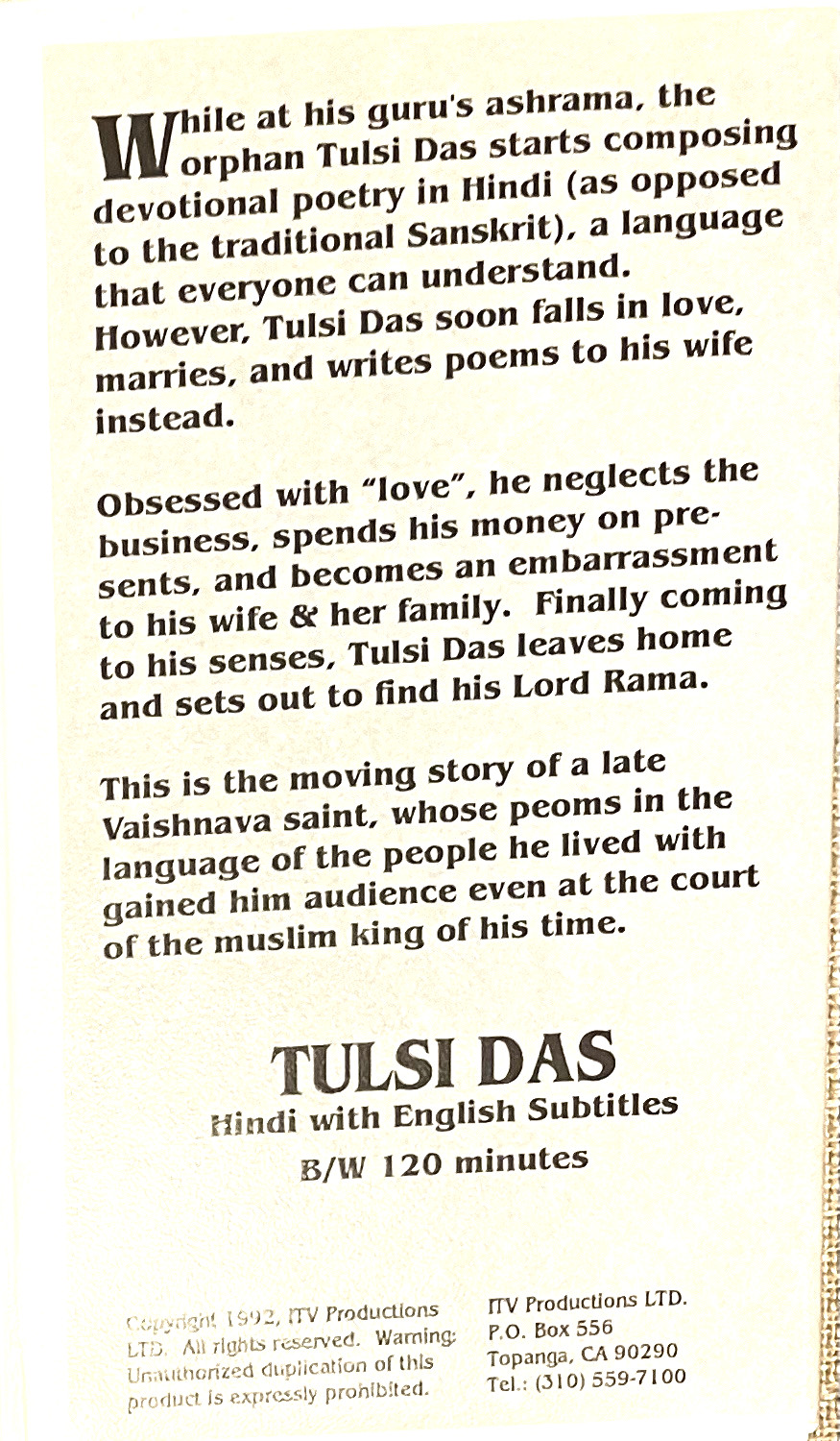 TULSIDAS 1954 B W VHS Vintage Classic Hindi Movie Mahipal /Shyama SubtitledENG.