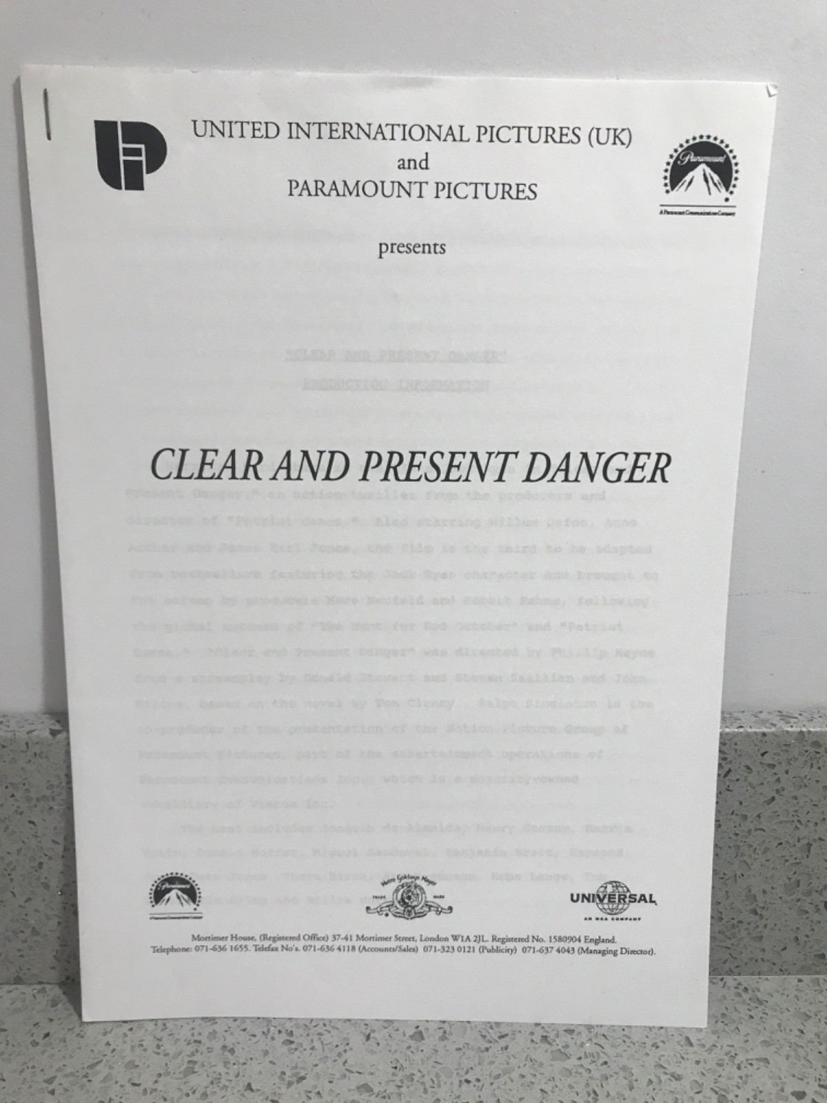 CLEAR AND PRESENT DANGER Harrison Ford PRESS KIT Production Notes & Photos 1994