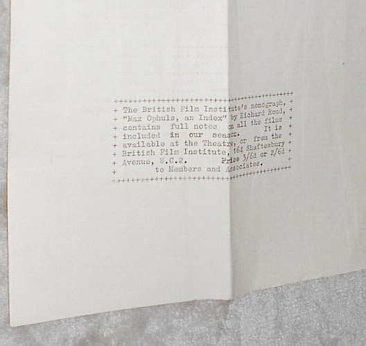 NATIONAL FILM THEATRE TRIBUTE MAX OPHULS 1955 PROGRAMME. DE MAYERLING A SARAJEVO