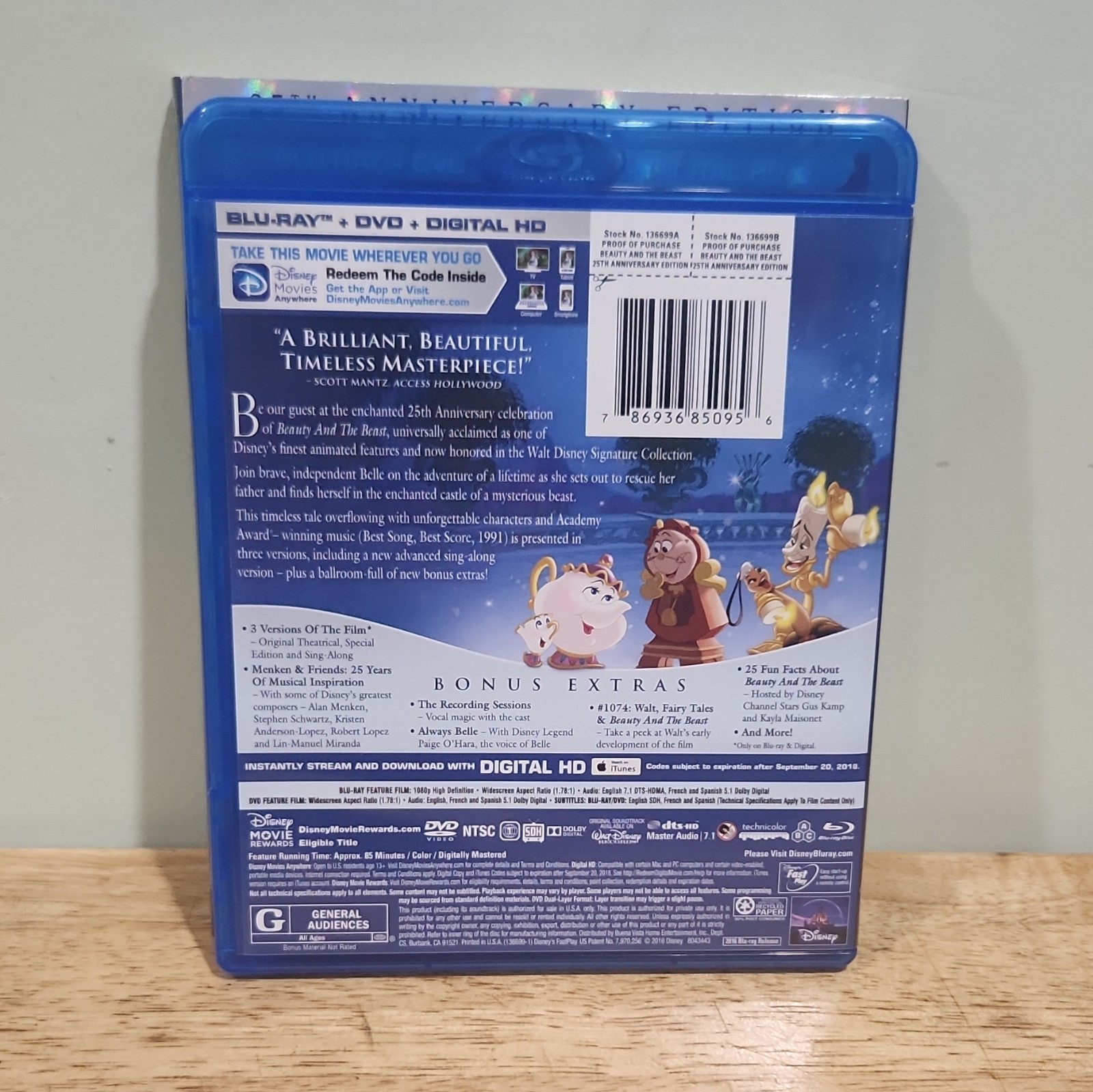 Disney Beauty and the Beast 25th Anniv Signature Blu-ray+DVD Digital HD G