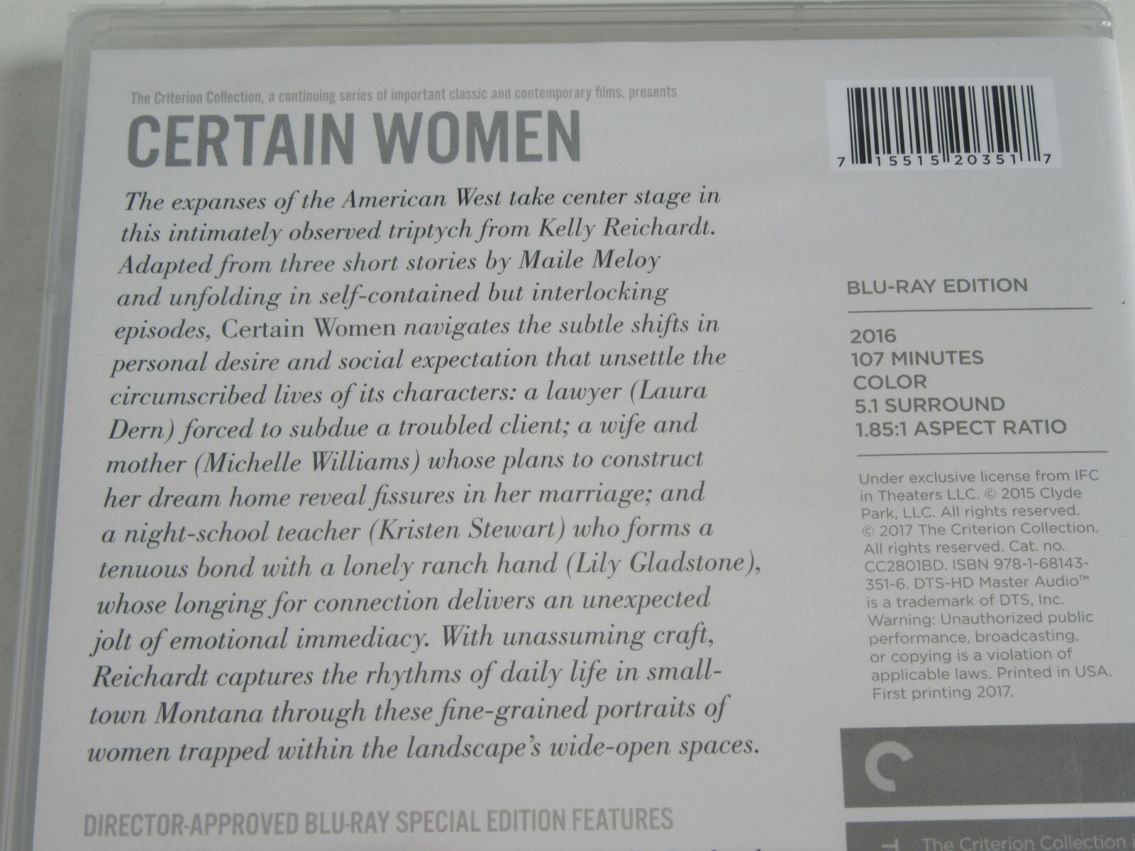 CERTAIN WOMEN (Blu-ray, Criterion Collection) Kelly Reichardt SIGNATURE STICKER!