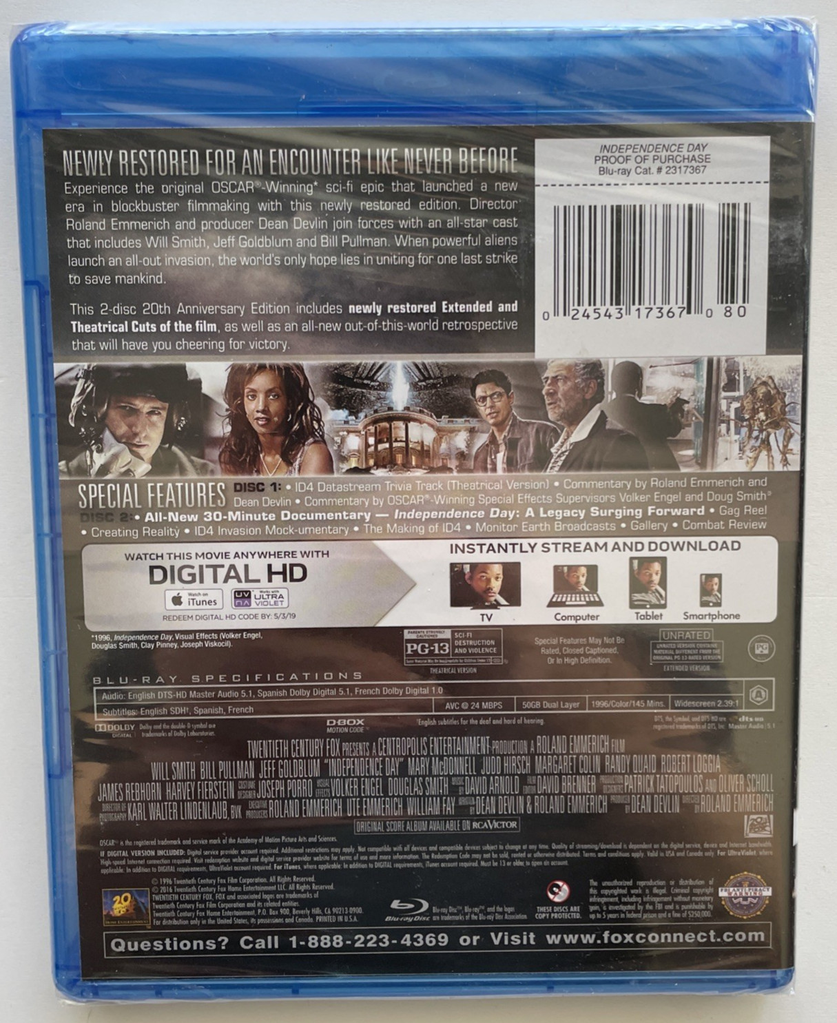 INDEPENDENCE DAY 2 Disc Blu-ray Theatrical + Extended Versions 20th Anniv NEW