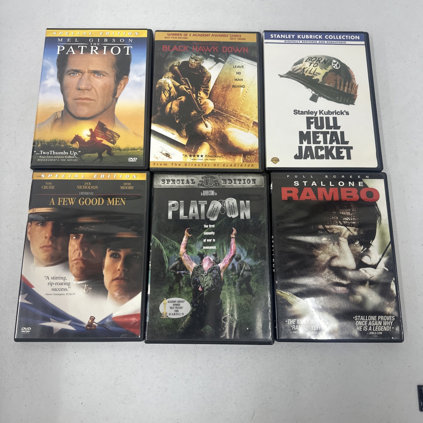 DVD Movie Lot Of 6 Action War Military Rambo Patriot Platoon Black Hawk Down