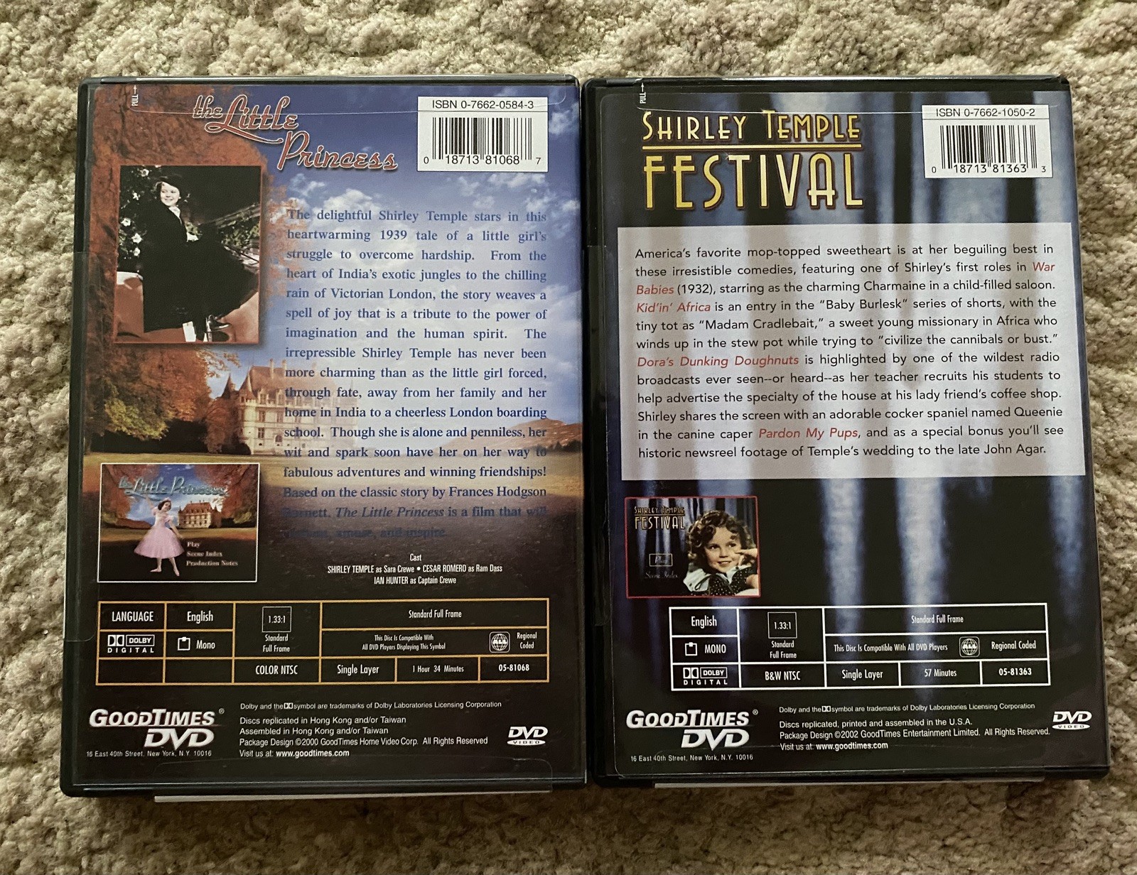 Shirley Temple DVD Lot Movies ”Little Princess & Festival, 2 DVD, Brand New