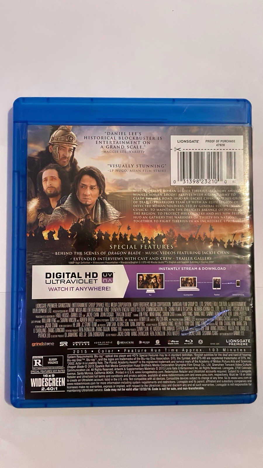 Lionsgate Dragon Blade Blu-ray Movie Widescreen R 2015 Jackie Chan 127 min
