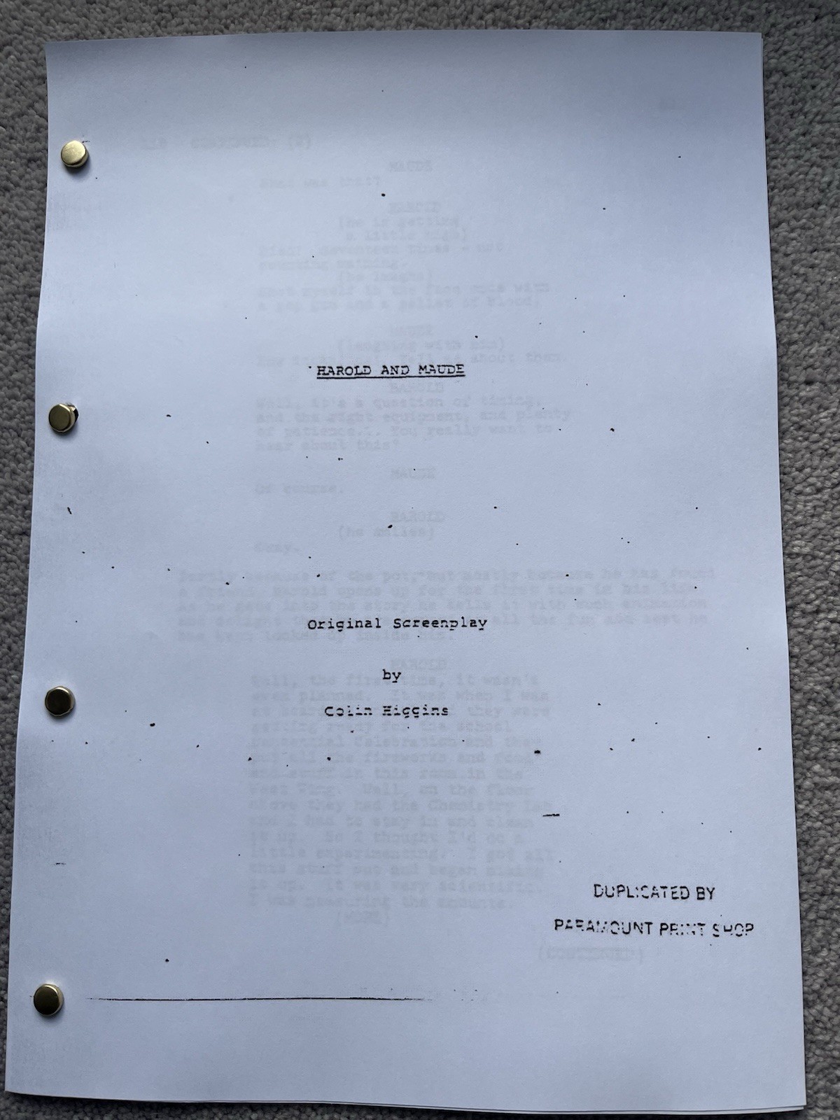 Harold And Maude Film Script / Screenplay. Ruth Gordon, Bud Cort.