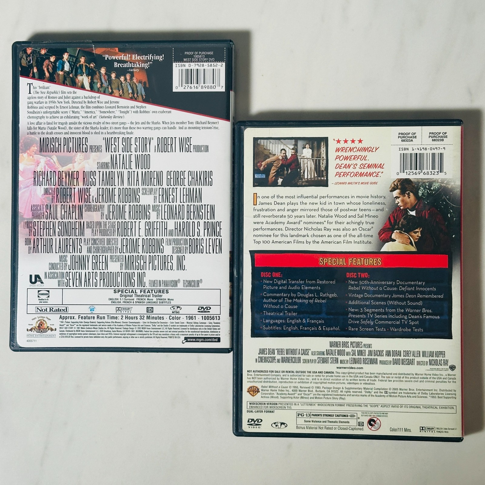 Natalie Wood – DVD Lot of 2 – Rebel Without a Cause – West Side Story