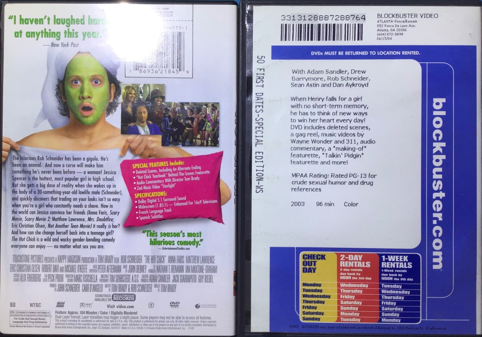 Lot of 3 DVDs -50 First Dates, The Hot Chick, Bride Wars -Free Shipping