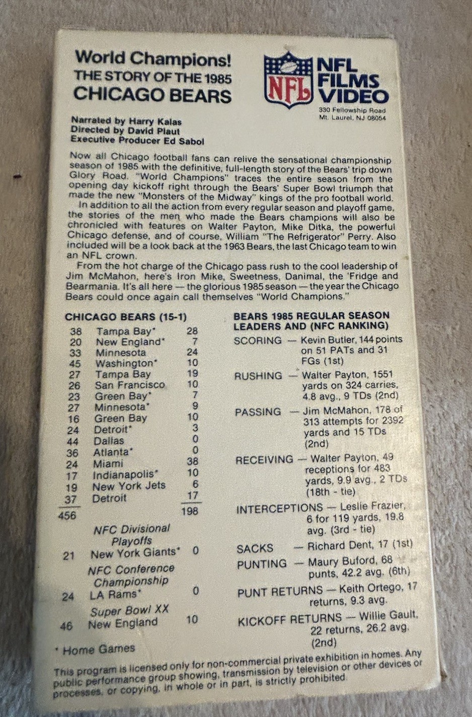 Chicago Bears Memorabilia 1985 Chicago Bears (1986) VHS Walter Payton Bears