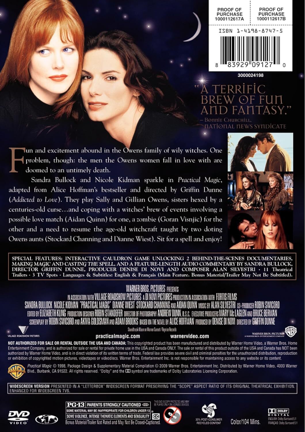 Practical Magic DVD Sandra Bullock Nicole Kidman Griffin Dunne Family Comedy