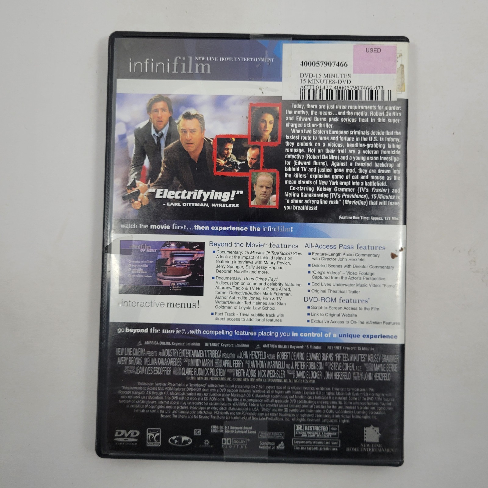 15 Minutes, Robert Deniro, Edward Burns, DVD (Very Good)