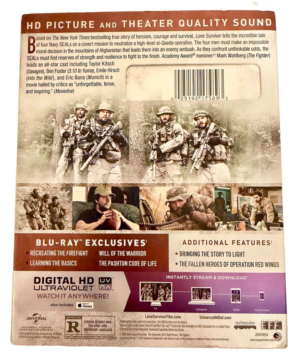 Lone Survivor Blu-ray + DVD + Digital HD UV Mark Wahlberg Peter Berg