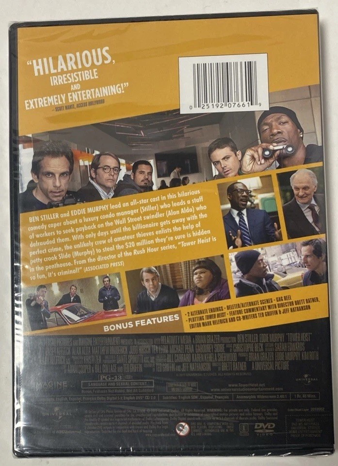Tower Heist PG-13 NY comedy movie, new DVD Ben Stiller, Eddie Murphy, Alan Alda
