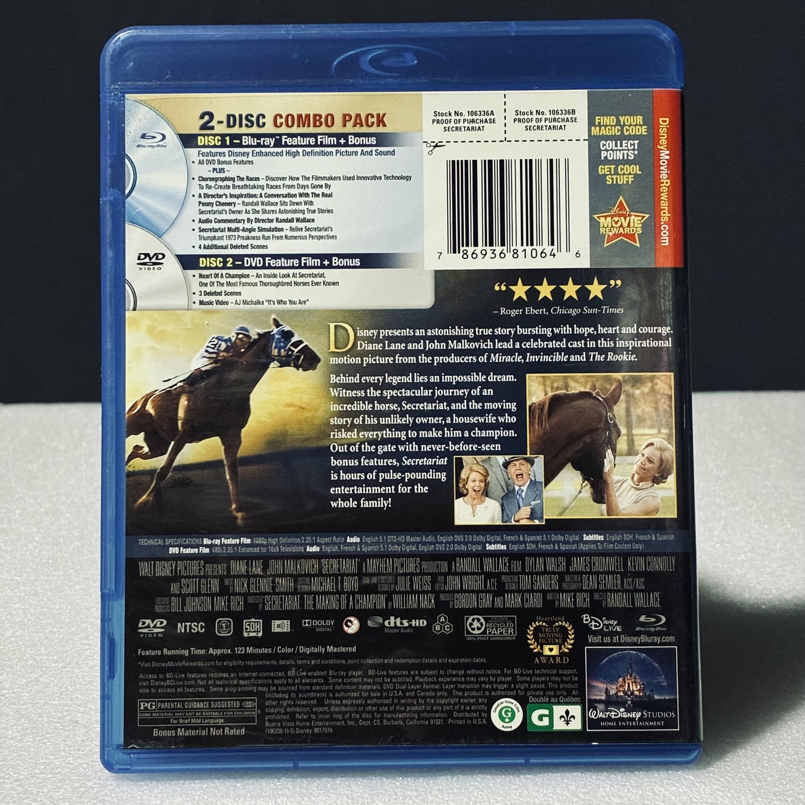 Secretariat Blu-ray DVD Combo Diane Lane John Malkovich Disney PG Drama Movie