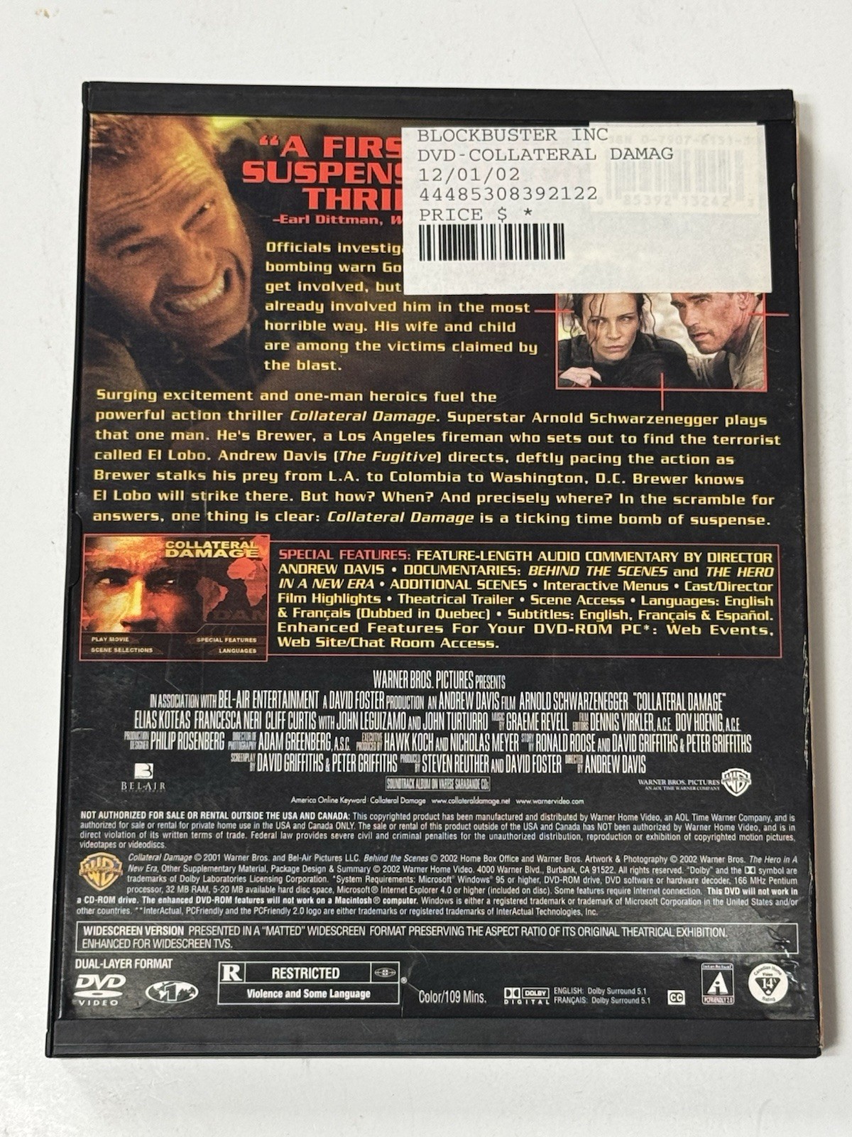 Collateral Damage DVD Arnold Schwarzenegger Blockbuster Rental Widescreen VTG