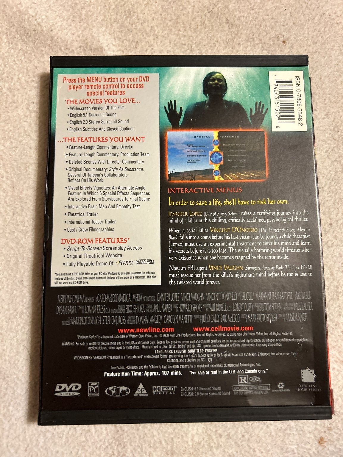 THE CELL DVD 2000 Platinum Series Jennifer Lopez Vince Vaughn Tarsem Singh