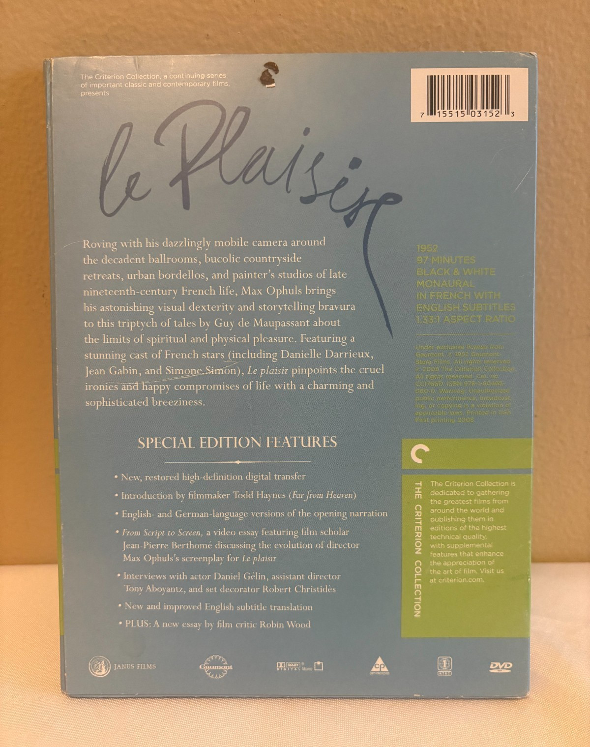 Le Plaisir (Criterion Collection) 1952 MAX OPHULS Film DVD