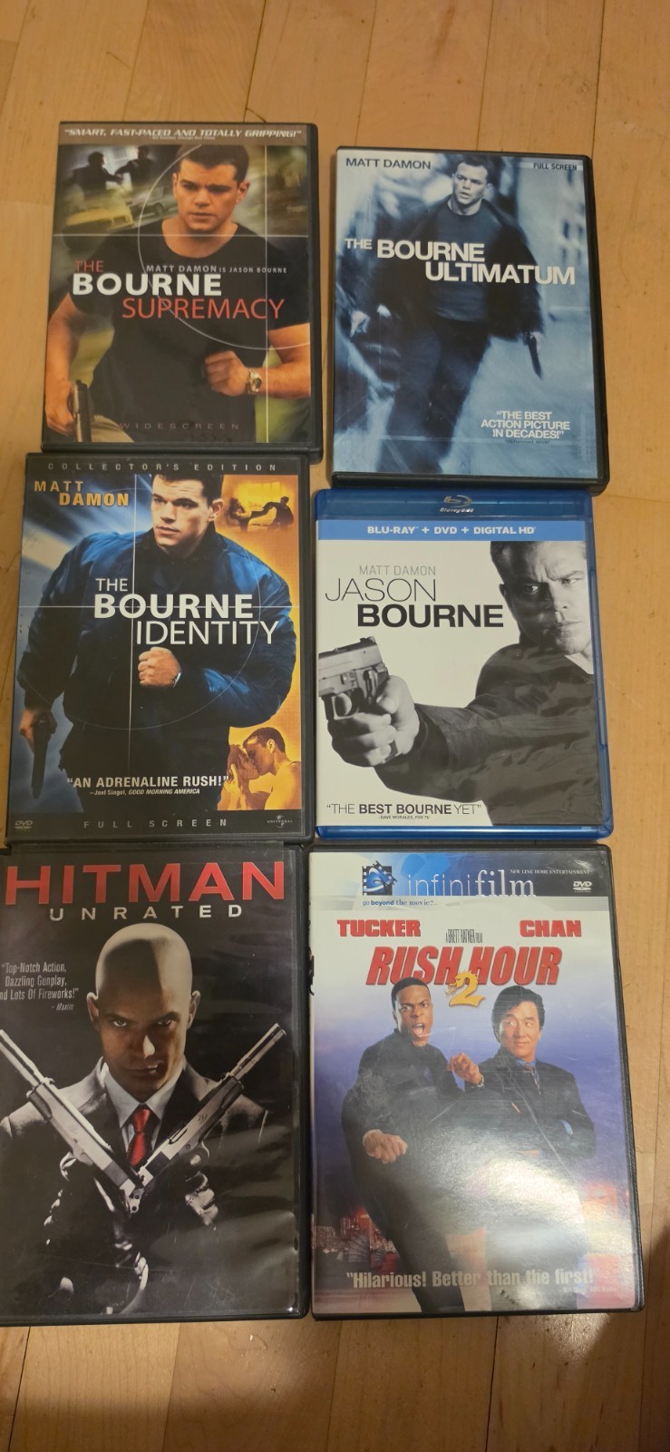 the Jason Bourne collection DVDs and Blu Ray, Hitman, and Rush Hour 2