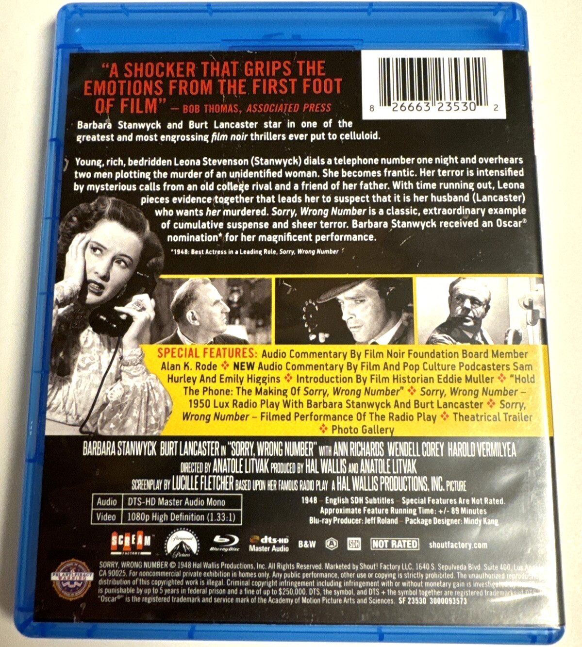 Sorry, Wrong Number 1948 Classic Film Noir Blu-ray 3/21/23 New Sealed