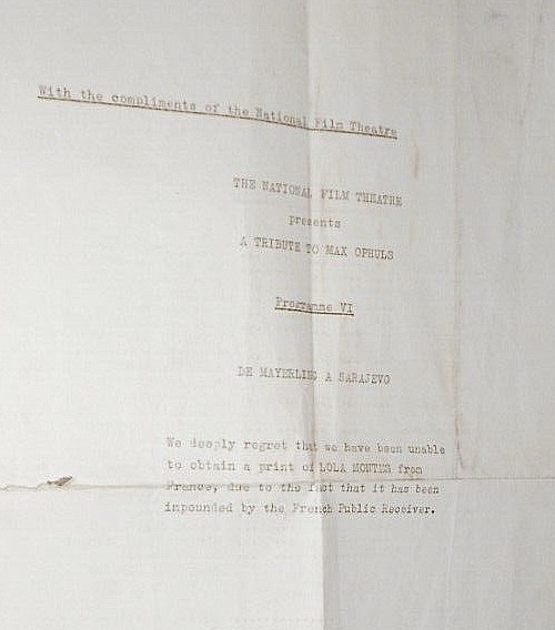 NATIONAL FILM THEATRE TRIBUTE MAX OPHULS 1955 PROGRAMME. DE MAYERLING A SARAJEVO