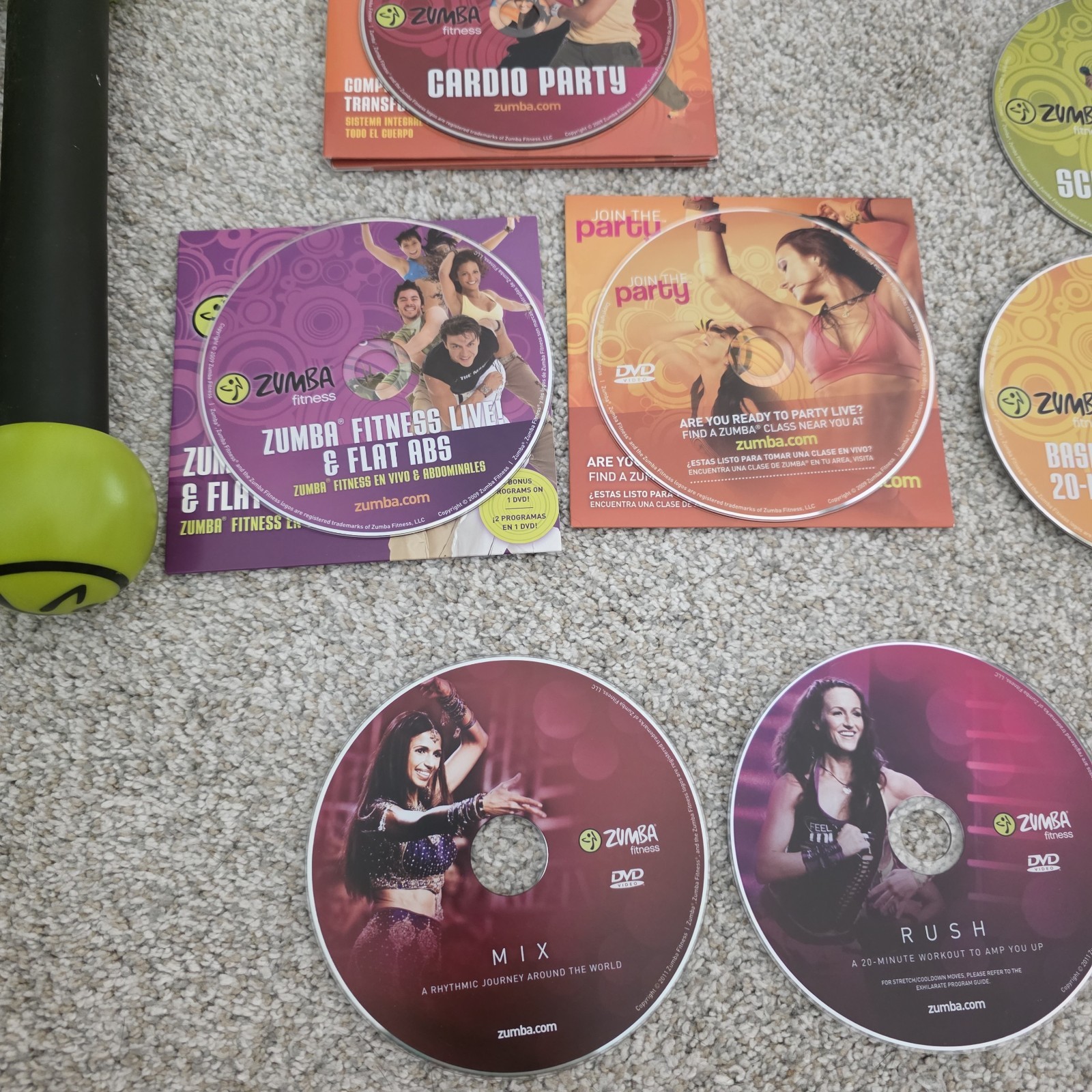 ZUMBA Fitness DVD Lot Set Exhilarate/Cardio w/ Toning Sticks Shakers Weights