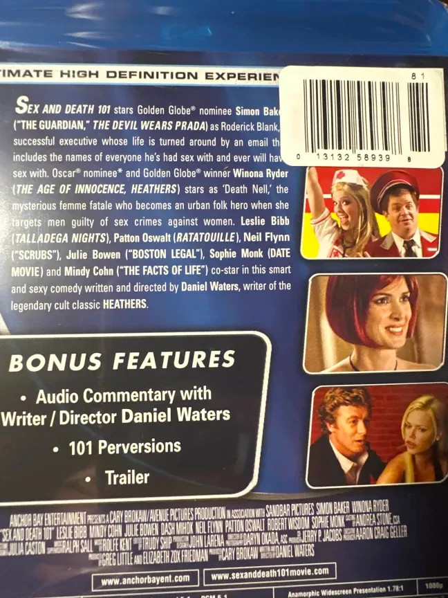 SEX AND DEATH 101 BLU-RAY 2008 NEW SIMON BAKER WINONA RYDER DANIEL WATERS COMEDY