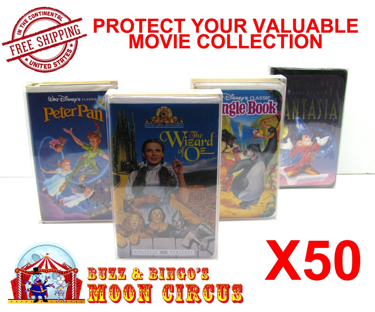50x VHS MOVIE LARGE CLAMSHELL (SIZE C) CLEAR PLASTIC PROTECTIVE BOX PROTECTORS