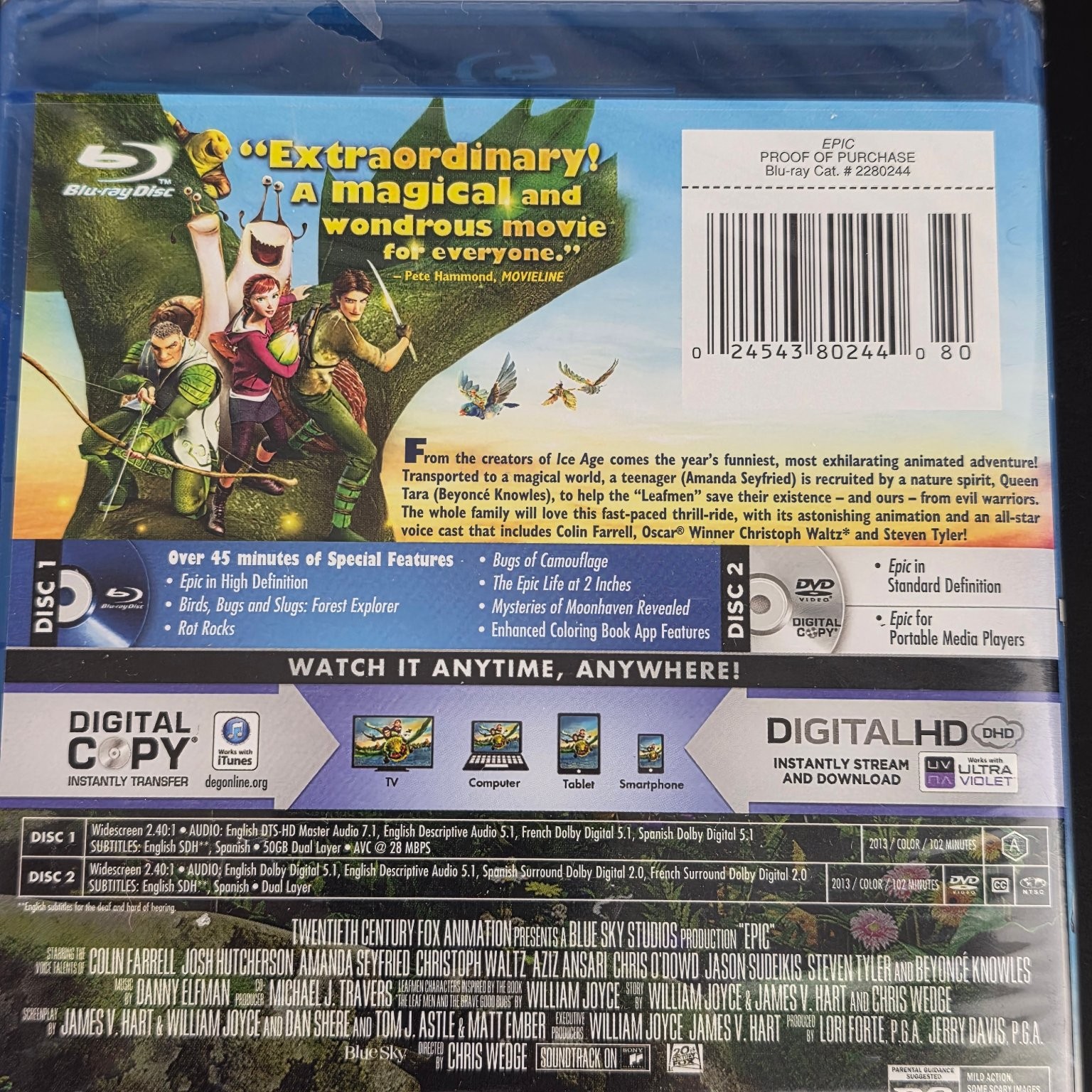 Epic Blu-ray DVD Digital HD 2013 Colin Farrell Amanda Seyfried Blue Sky Studios