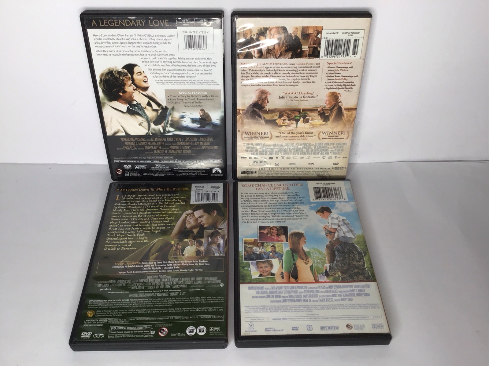 Romantic Drama DVD’s Lot of 4 Love Story/Away From Her/A Walk ToRemember/Soldier