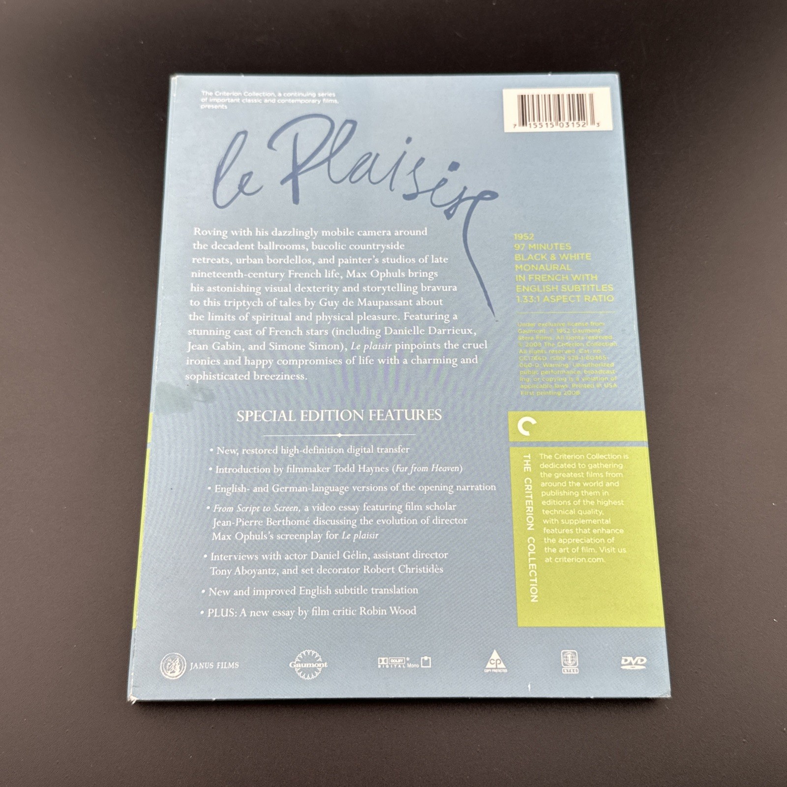 Le Plaisir The Criterion Collection (DVD) 1952 Max Ophuls TESTED & WORKING!