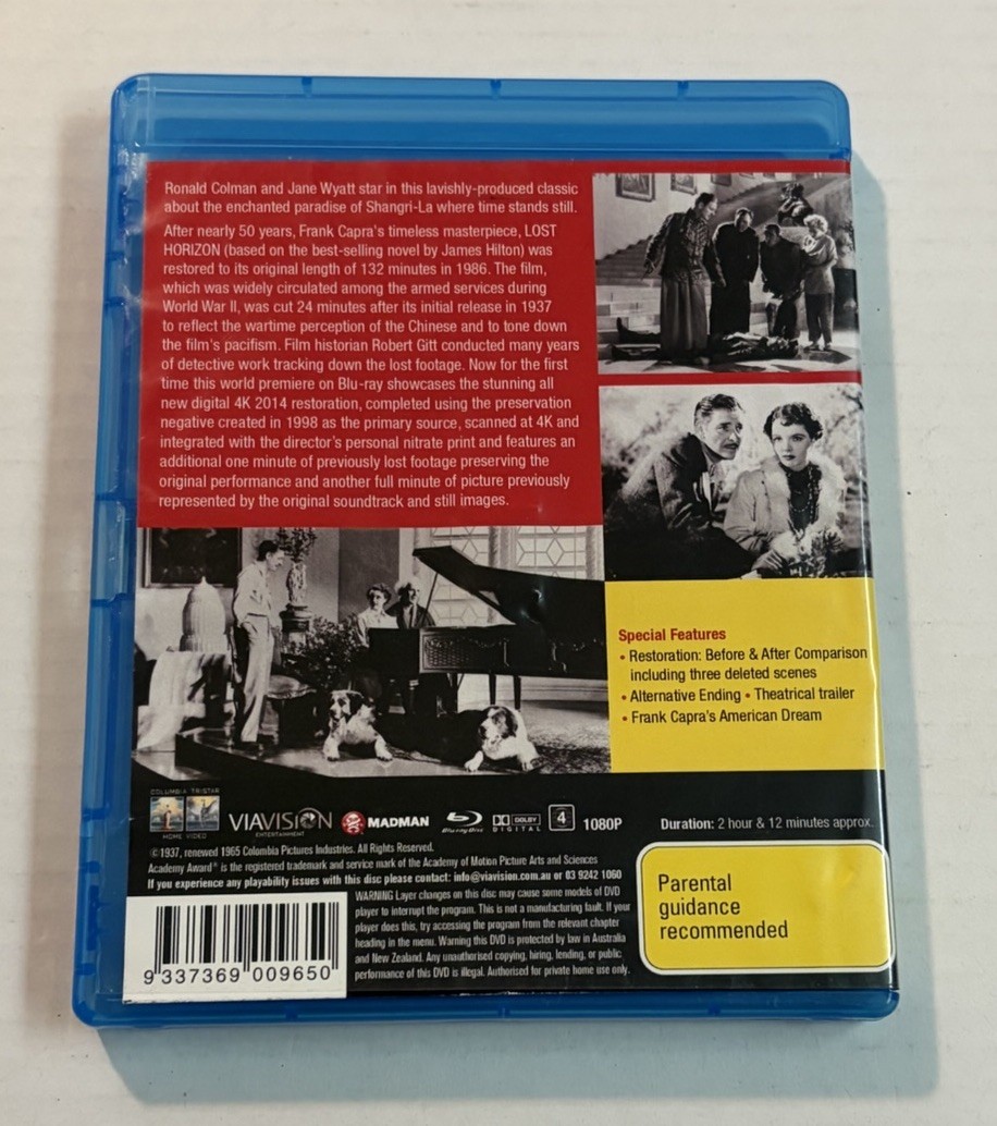Lost Horizon (Blu-ray 1937) Region 4 Import Viavision RARE Plays on US Blu-ray