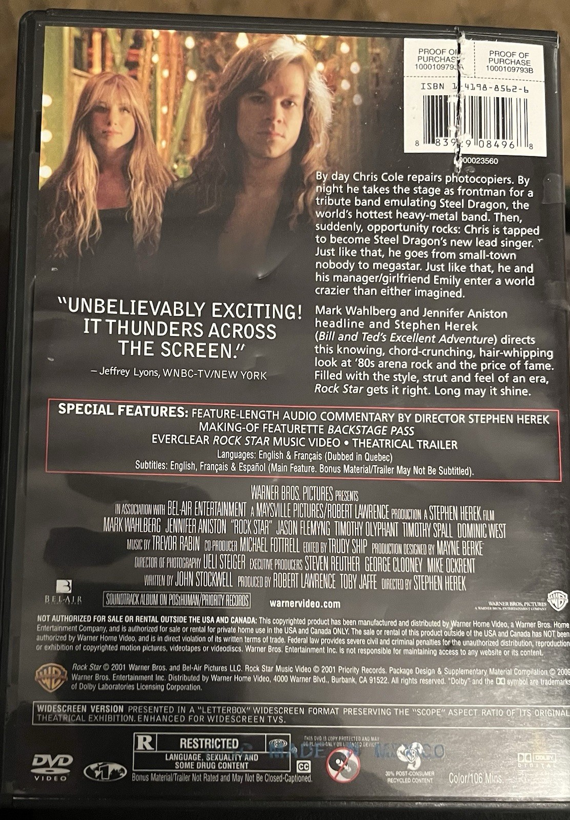 Rock Star*Mark Wahlberg, Jennifer Aniston,Stephen Herek -DVD Used