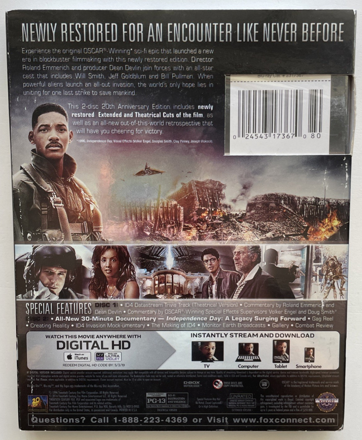 INDEPENDENCE DAY 2 Disc Blu-ray Theatrical + Extended Versions 20th Anniv NEW
