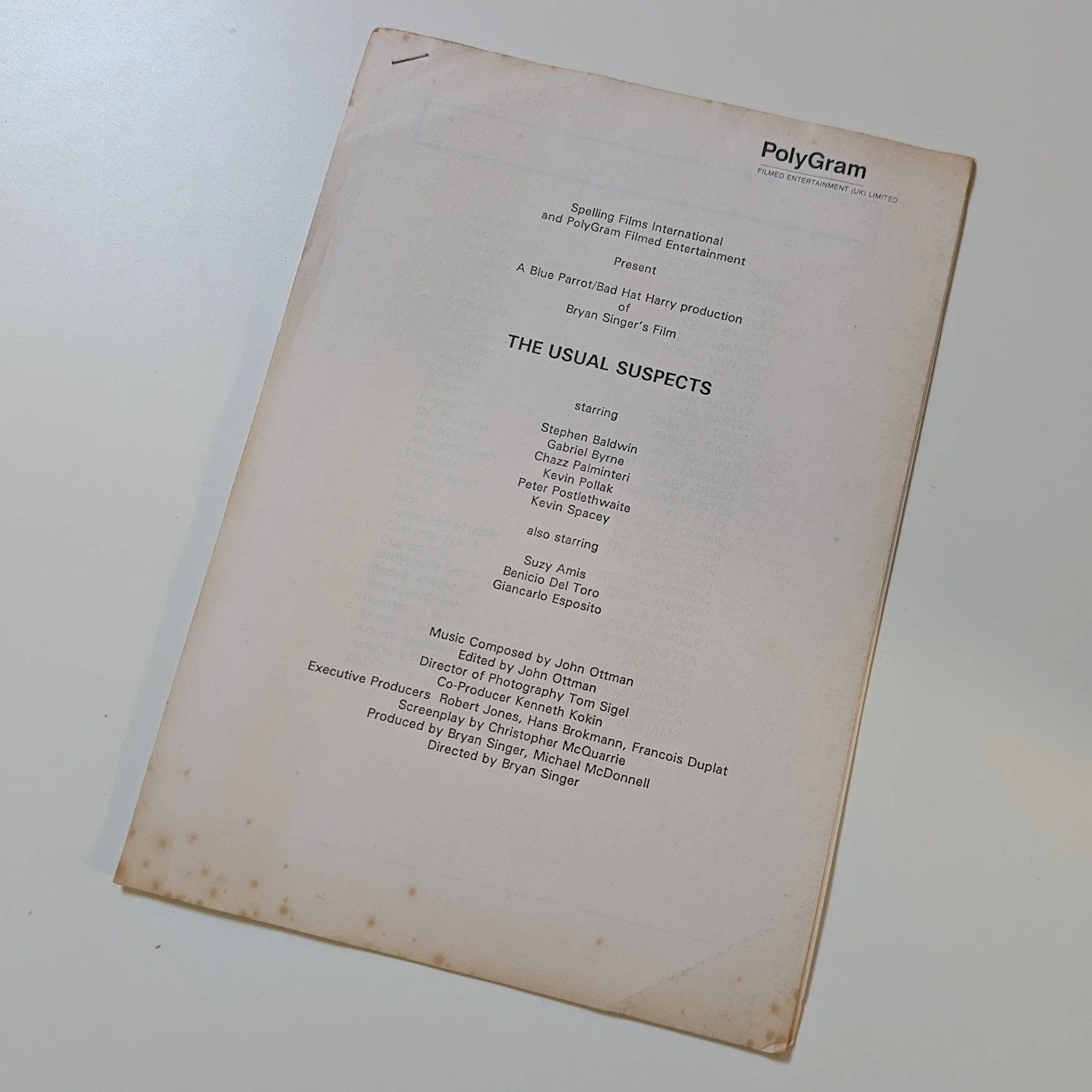The USUAL SUSPECTS (1995) Production Notes [A4, x12 pages] Bryan Singer, rare