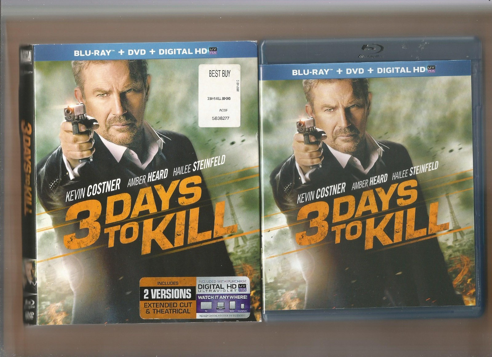 3 Days To Kill (Blu-ray, DVD, No Digital, Slipcover) ~ 2 VERSIONS ~ LIKE NEW