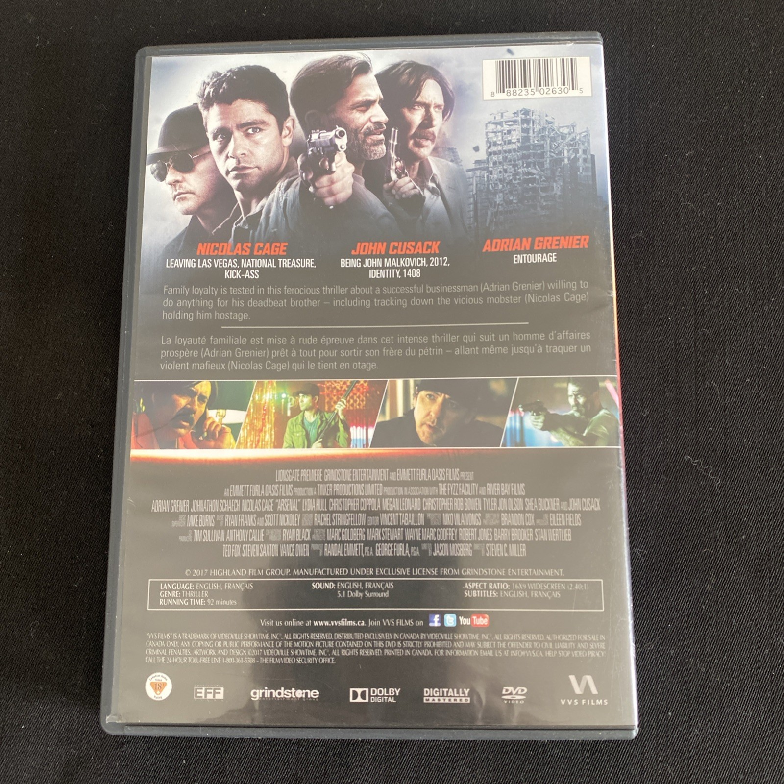 Arsenal (2017) DVD Action Crime Thriller Adrian Grenier Nicolas Cage John Cusack