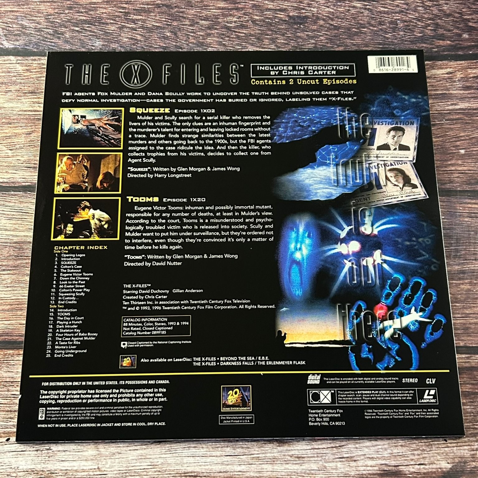 X-FILES LaserDisc 1996 Sci-Fi SQUEEZE TOOMS 2 Uncut Episodes Fox Video