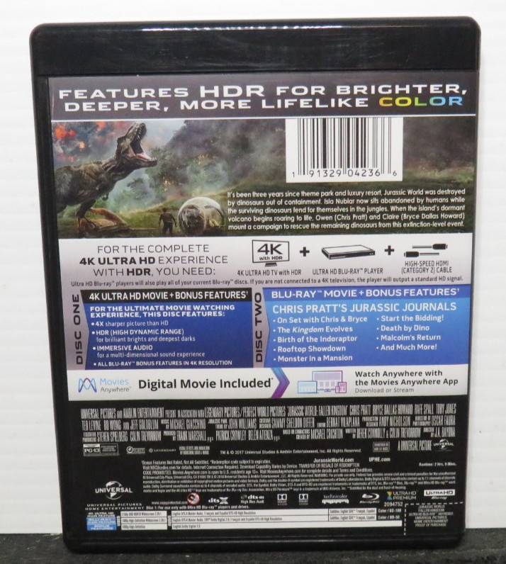 JURASSIC WORLD FALLEN KINGDOM 4K ULTRA HD BLU-RAY DISC ONLY