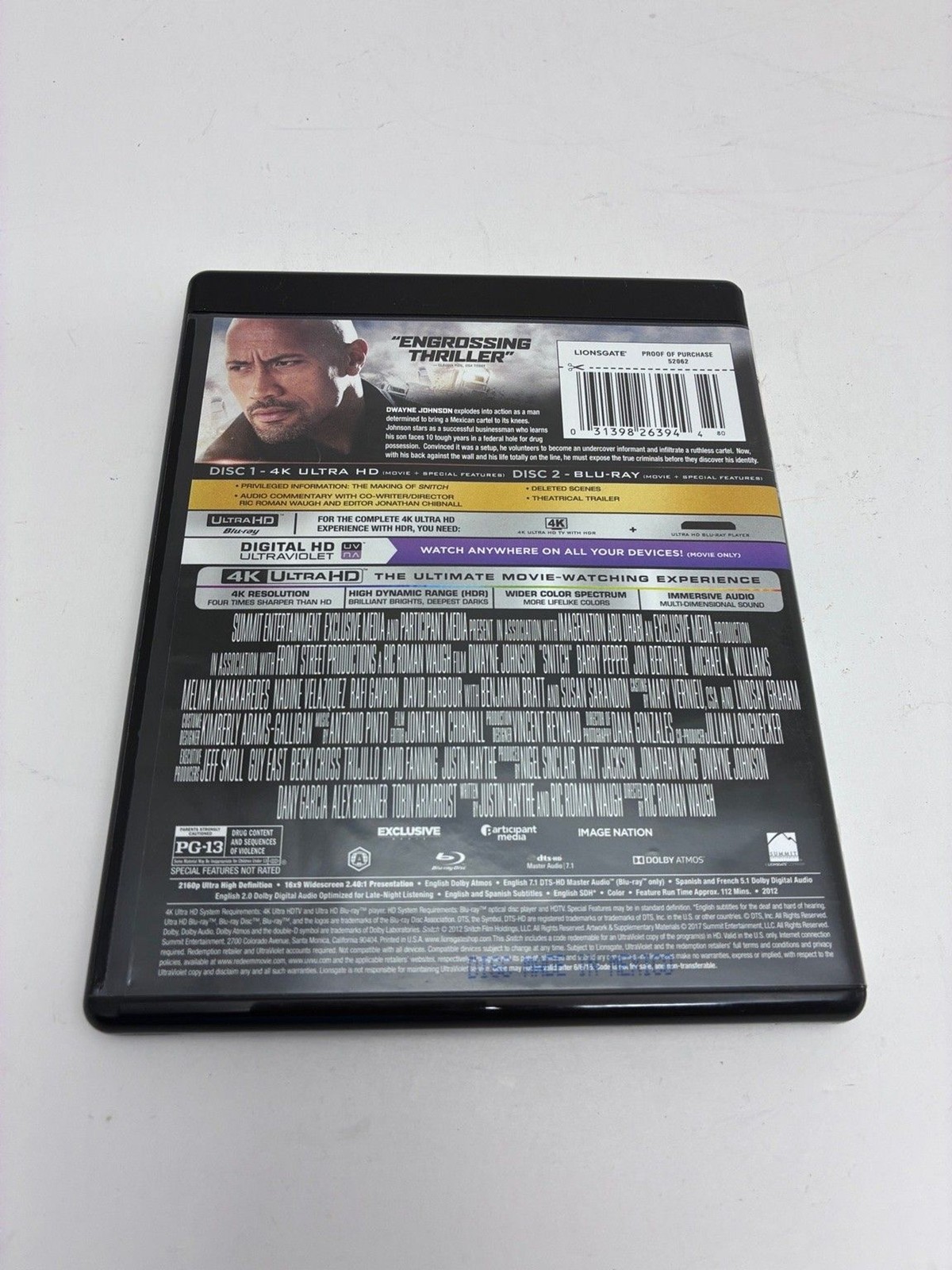 Snitch 4K UHD Blu-ray 2013 Digital HD Dwayne Johnson The Rock Ric Roman Waugh